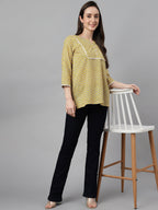 Janasya Women's Mustard Cotton Ethnic Motifs Casual Regular Top | Grocsy