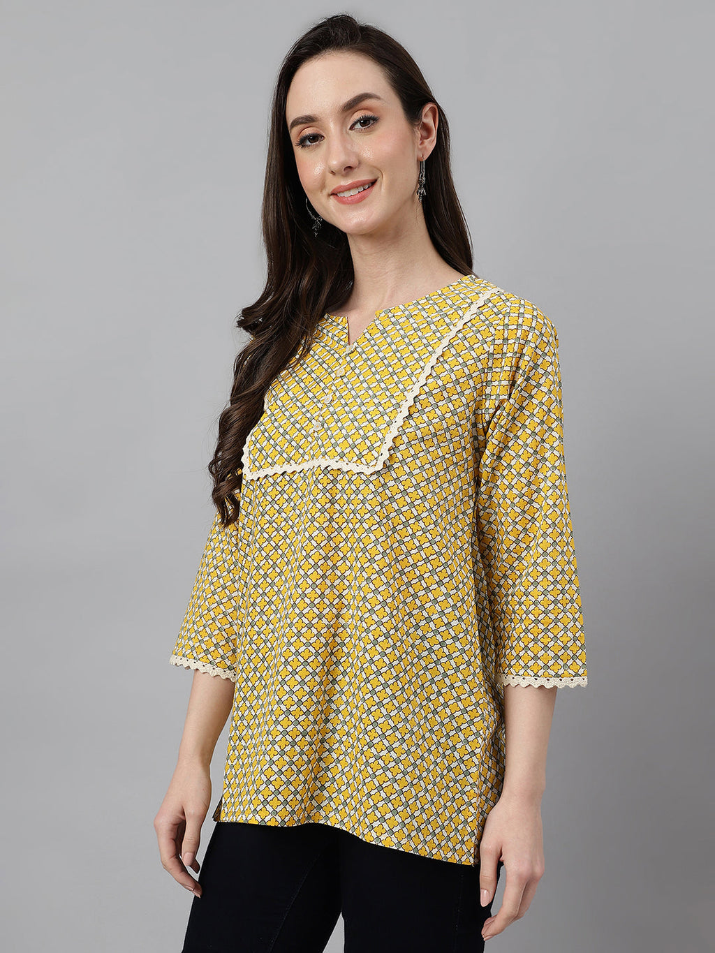 Janasya Women's Mustard Cotton Ethnic Motifs Casual Regular Top | Grocsy