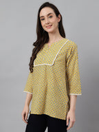 Janasya Women's Mustard Cotton Ethnic Motifs Casual Regular Top | Grocsy