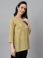 Janasya Women's Mustard Cotton Ethnic Motifs Casual Regular Top | Grocsy