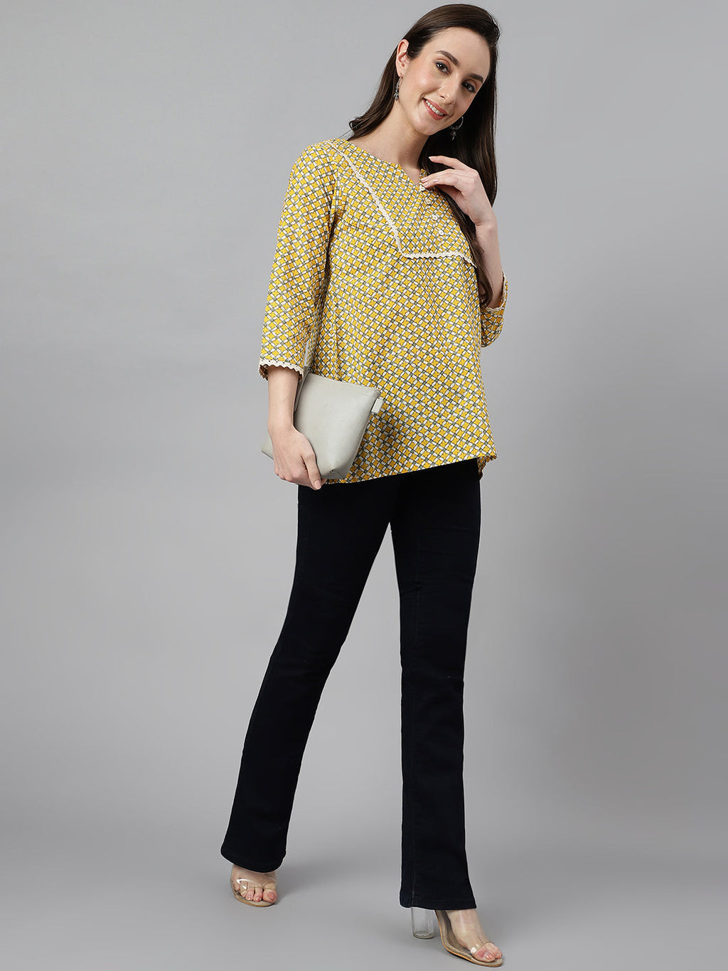 Janasya Women's Mustard Cotton Ethnic Motifs Casual Regular Top | Grocsy