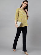 Janasya Women's Mustard Cotton Ethnic Motifs Casual Regular Top | Grocsy