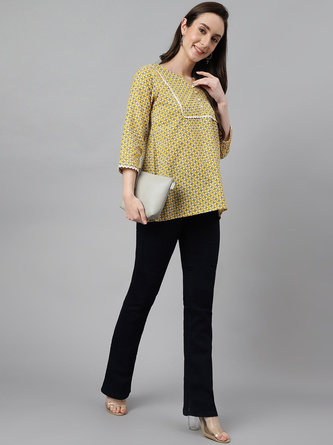 Janasya Women's Mustard Cotton Ethnic Motifs Casual Regular Top | Grocsy