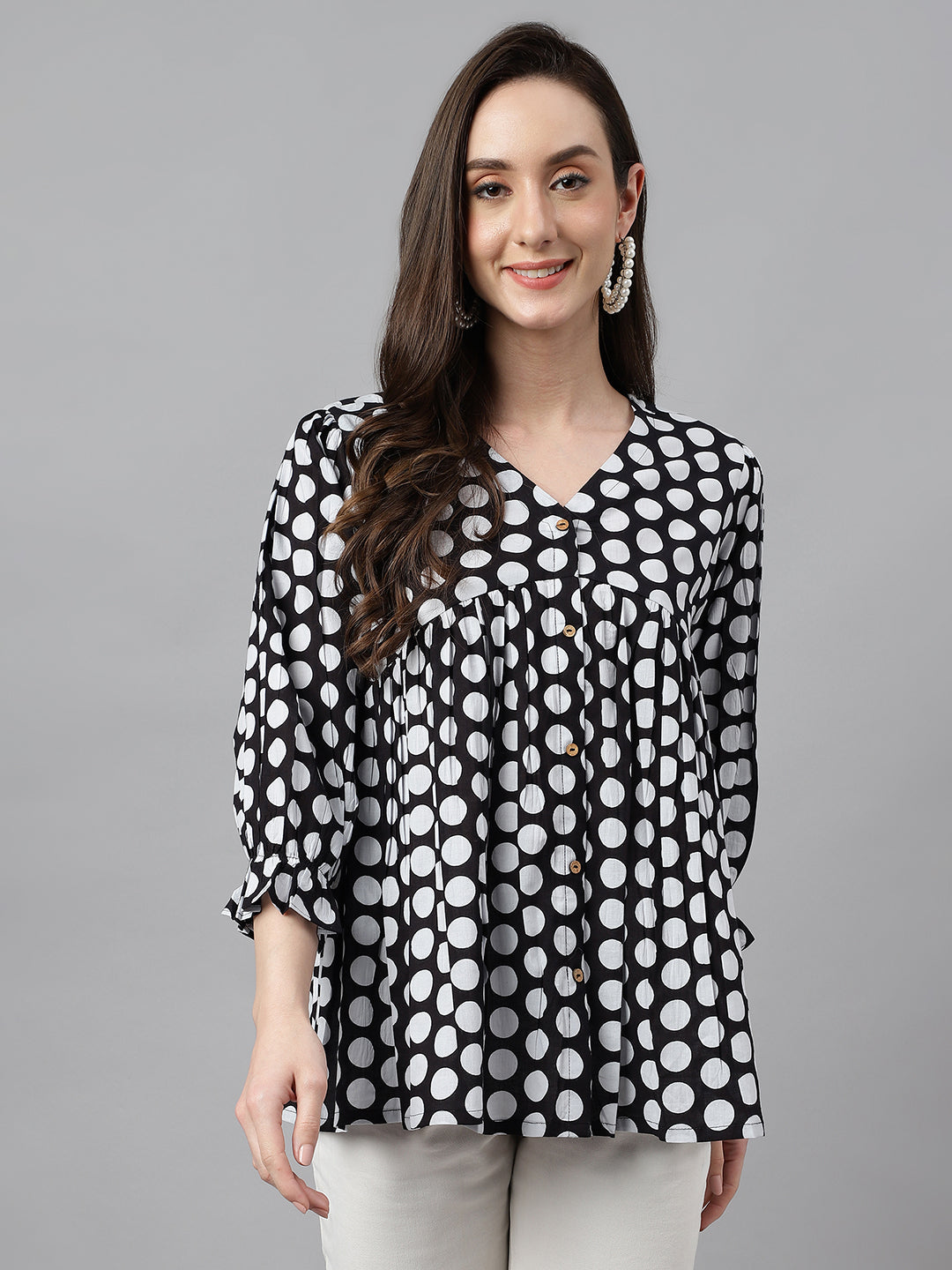 Janasya Women's Black Cotton Polka Print Casual Peplum Top | Grocsy