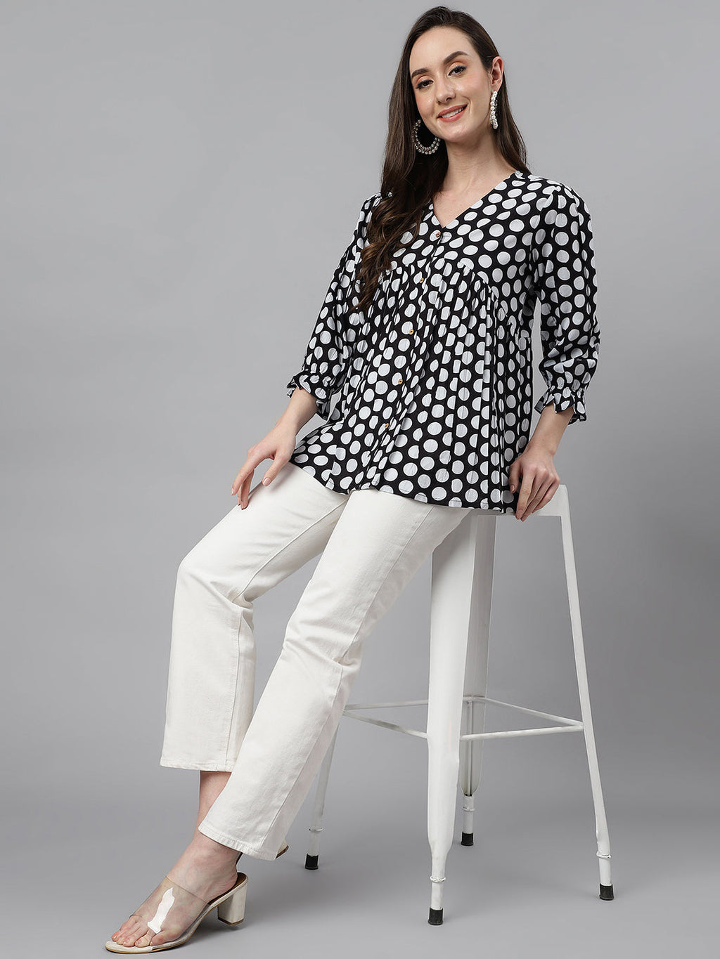 Janasya Women's Black Cotton Polka Print Casual Peplum Top | Grocsy