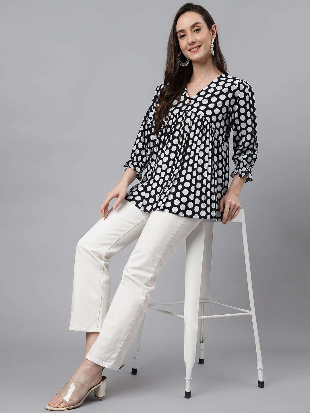Janasya Women's Black Cotton Polka Print Casual Peplum Top | Grocsy