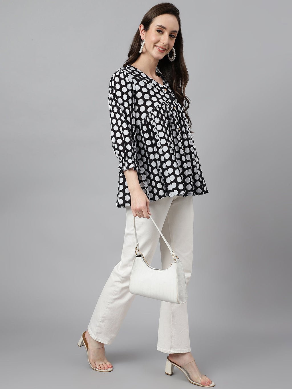 Janasya Women's Black Cotton Polka Print Casual Peplum Top | Grocsy