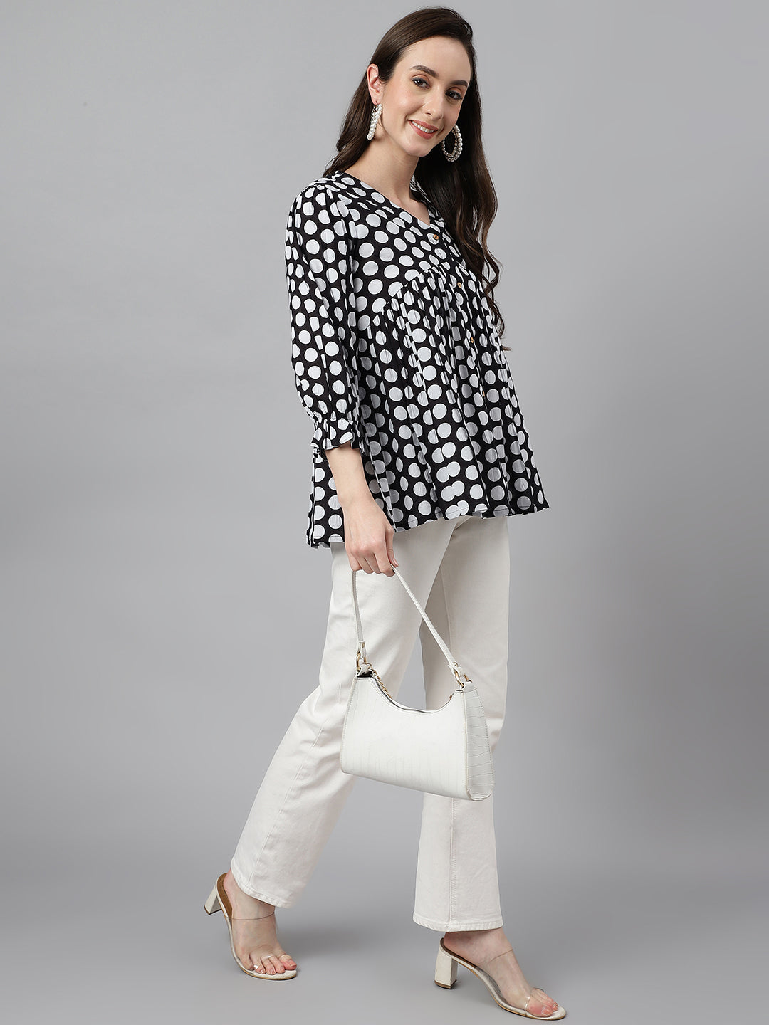 Janasya Women's Black Cotton Polka Print Casual Peplum Top | Grocsy