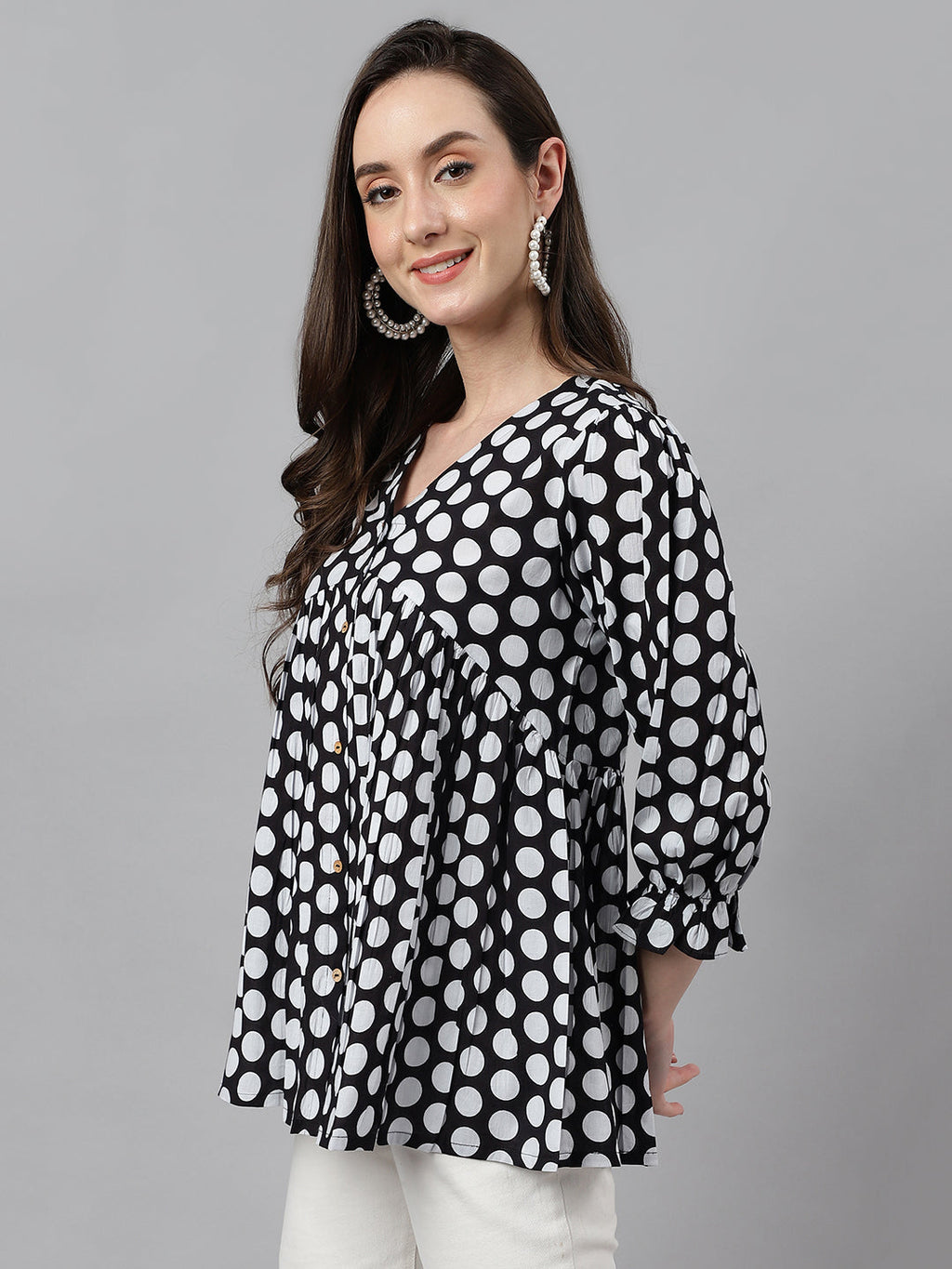 Janasya Women's Black Cotton Polka Print Casual Peplum Top | Grocsy