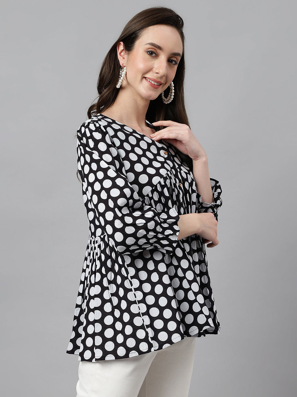 Janasya Women's Black Cotton Polka Print Casual Peplum Top | Grocsy