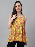Janasya Women's Yellow Cotton Floral Print Casual Peplum Top | Grocsy