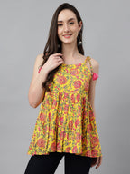 Janasya Women's Yellow Cotton Floral Print Casual Peplum Top | Grocsy