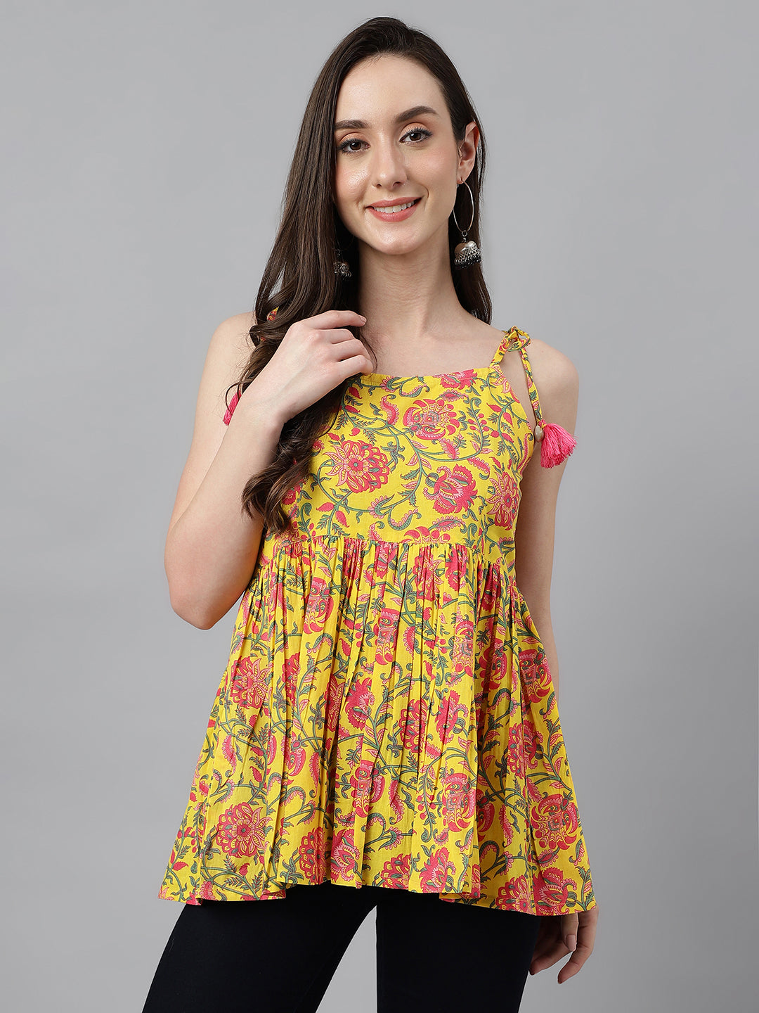 Janasya Women's Yellow Cotton Floral Print Casual Peplum Top | Grocsy