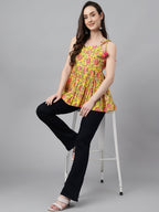 Janasya Women's Yellow Cotton Floral Print Casual Peplum Top | Grocsy