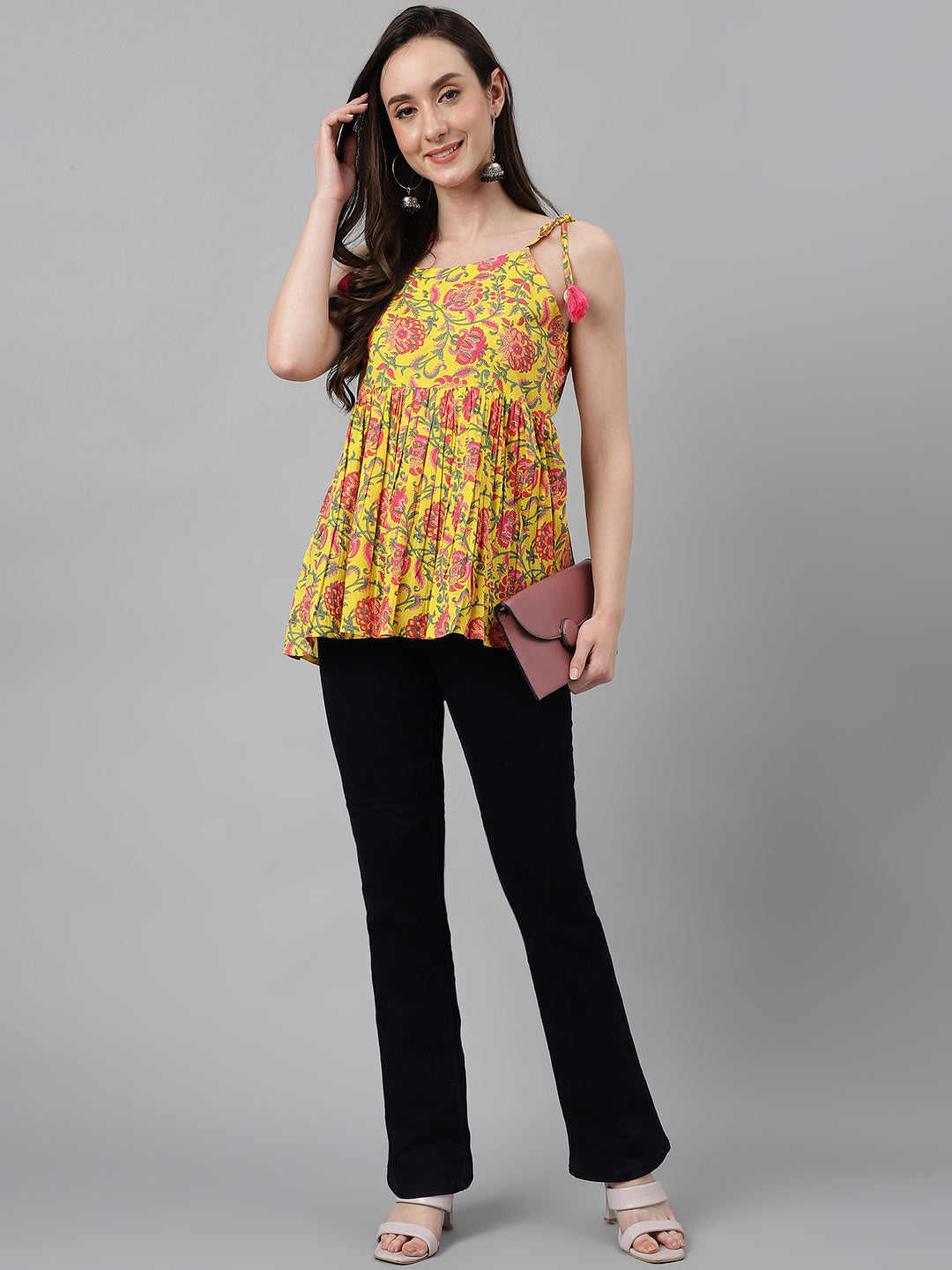 Janasya Women's Yellow Cotton Floral Print Casual Peplum Top | Grocsy