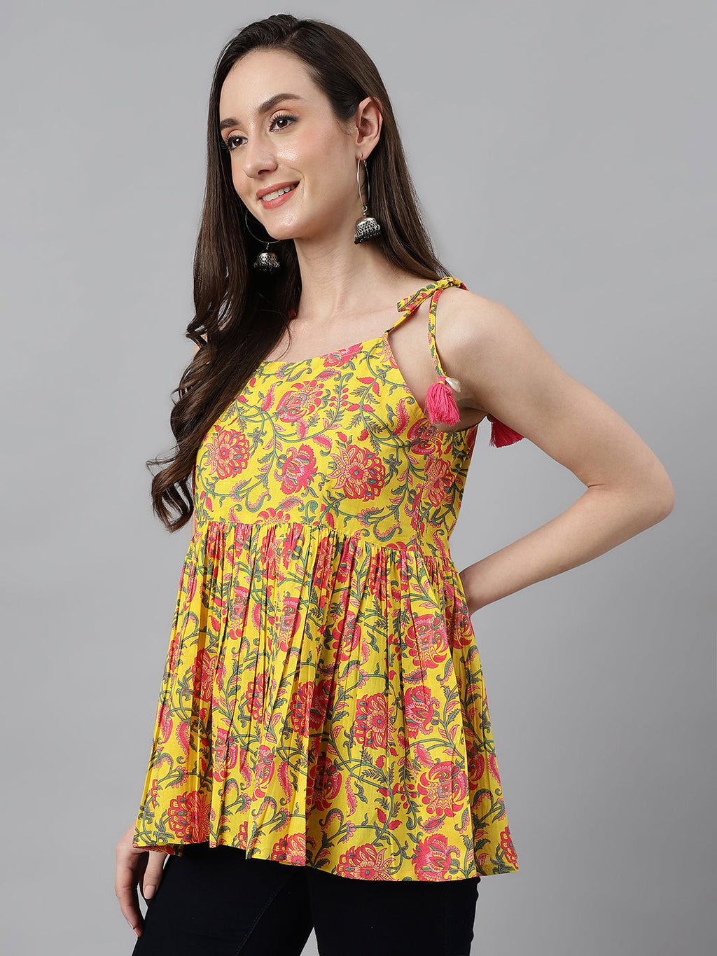 Janasya Women's Yellow Cotton Floral Print Casual Peplum Top | Grocsy