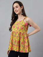 Janasya Women's Yellow Cotton Floral Print Casual Peplum Top | Grocsy