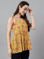 Janasya Women's Yellow Cotton Floral Print Casual Peplum Top | Grocsy