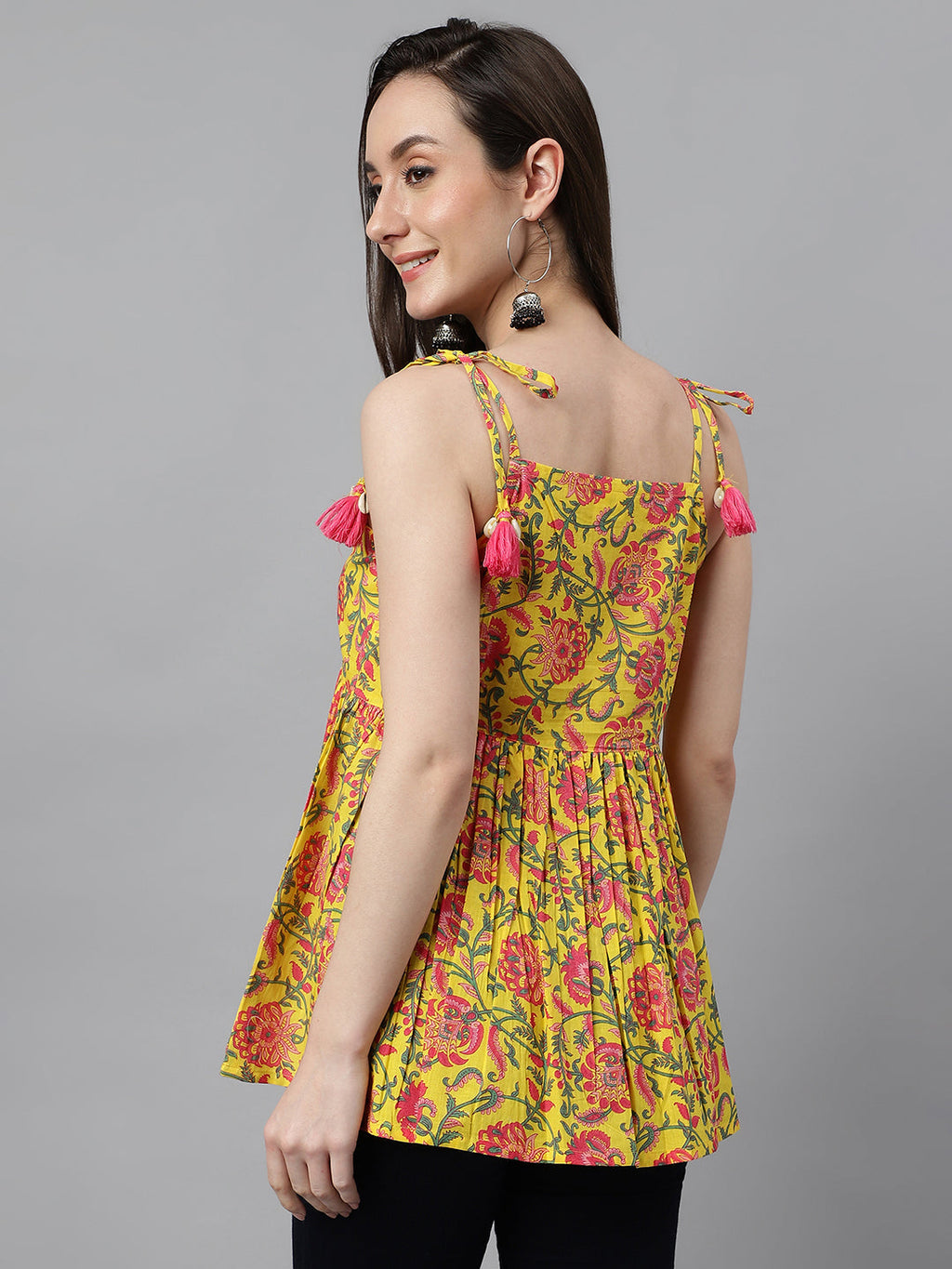 Janasya Women's Yellow Cotton Floral Print Casual Peplum Top | Grocsy