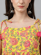 Janasya Women's Yellow Cotton Floral Print Casual Peplum Top | Grocsy