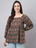 Janasya Women's Black Cotton Paisley Print Casual Gathered Top | Grocsy