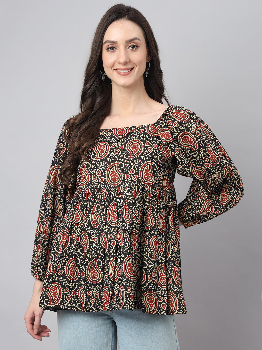 Janasya Women's Black Cotton Paisley Print Casual Gathered Top | Grocsy