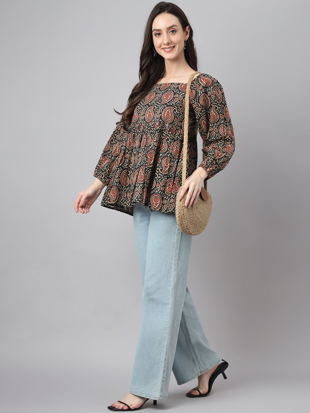 Janasya Women's Black Cotton Paisley Print Casual Gathered Top | Grocsy