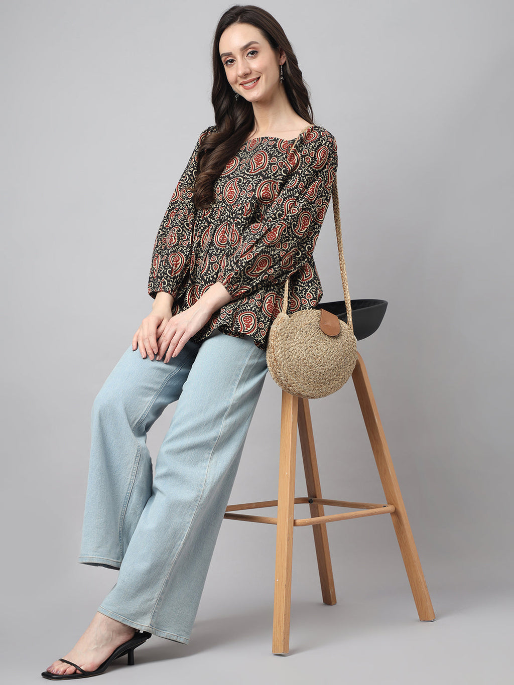 Janasya Women's Black Cotton Paisley Print Casual Gathered Top | Grocsy