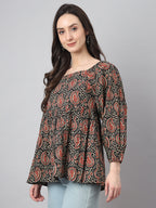 Janasya Women's Black Cotton Paisley Print Casual Gathered Top | Grocsy