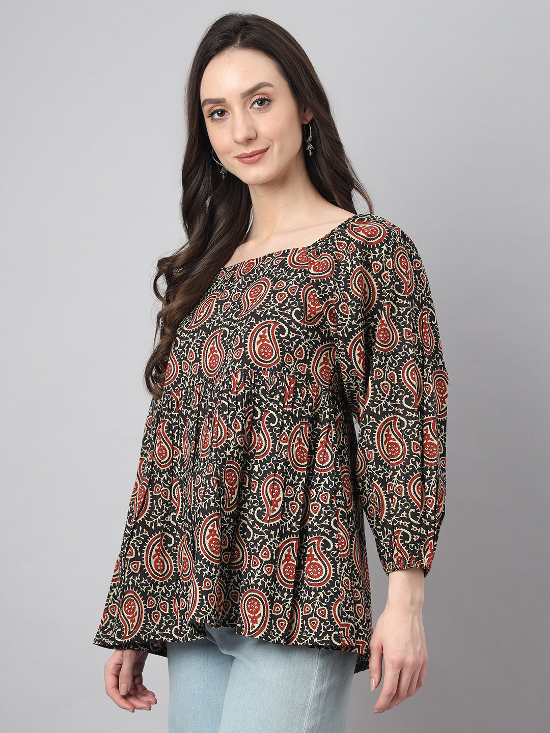 Janasya Women's Black Cotton Paisley Print Casual Gathered Top | Grocsy