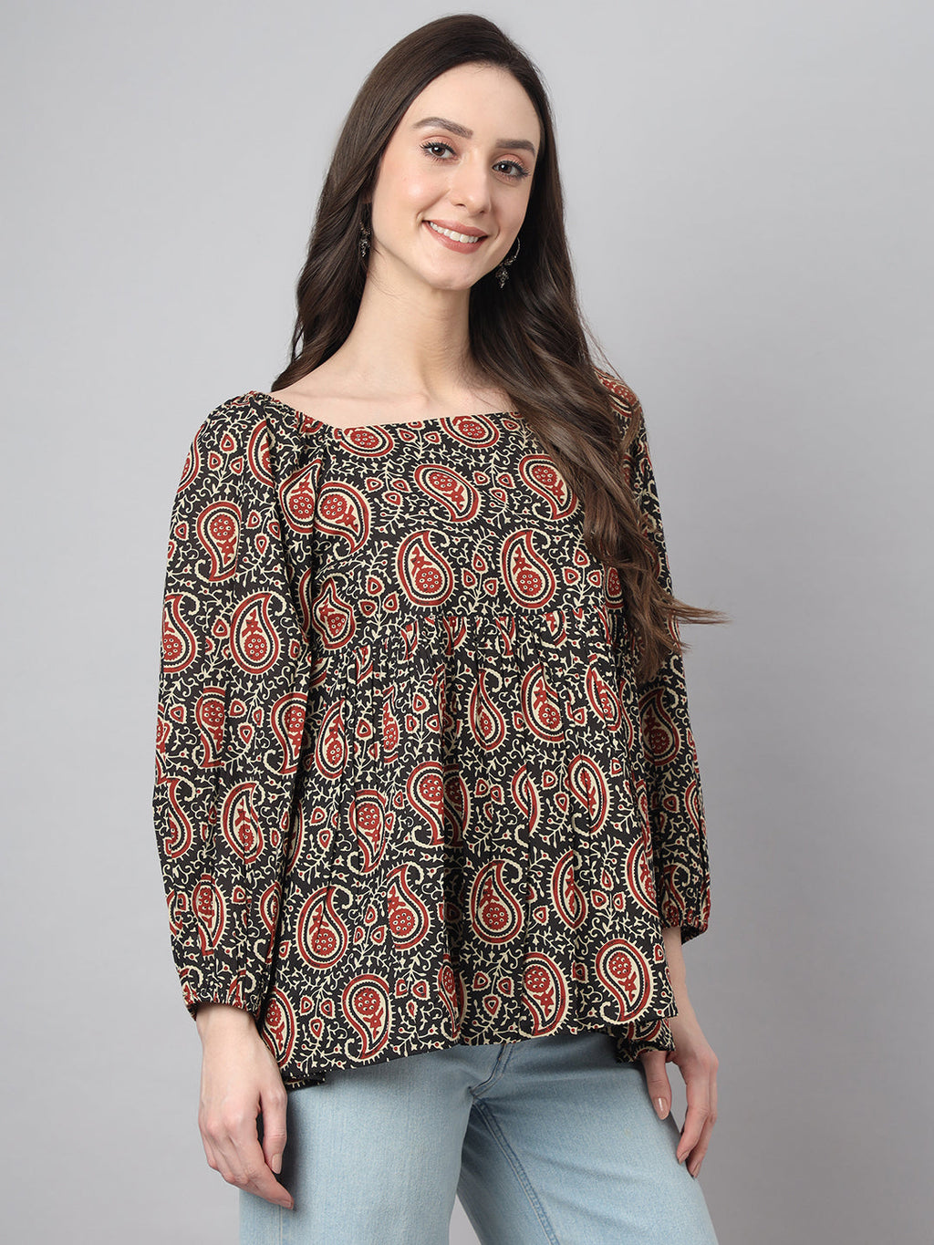 Janasya Women's Black Cotton Paisley Print Casual Gathered Top | Grocsy