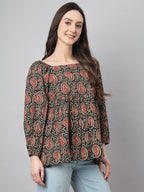 Janasya Women's Black Cotton Paisley Print Casual Gathered Top | Grocsy