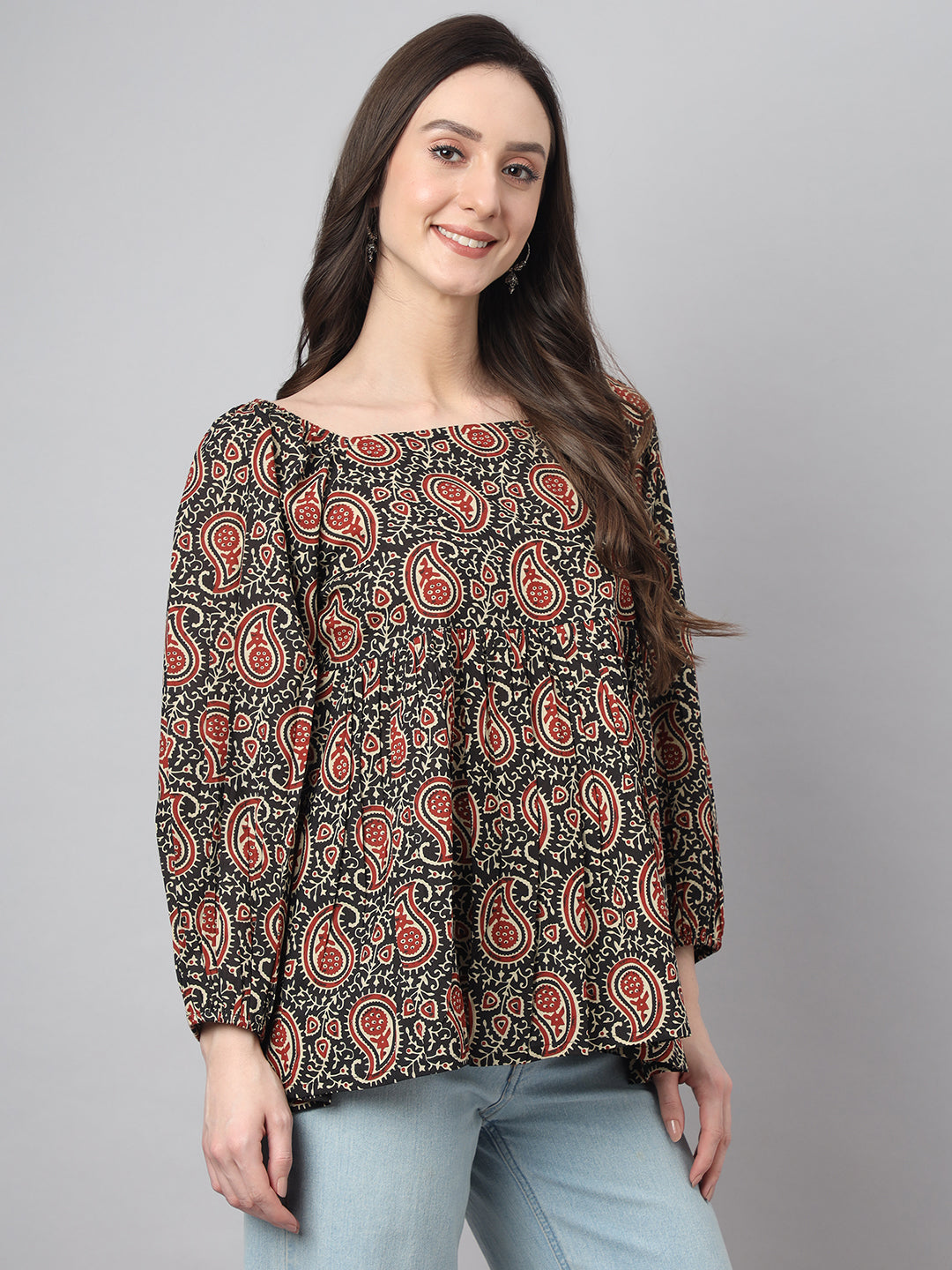 Janasya Women's Black Cotton Paisley Print Casual Gathered Top | Grocsy