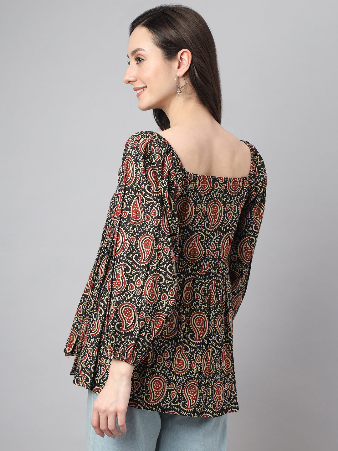Janasya Women's Black Cotton Paisley Print Casual Gathered Top | Grocsy