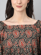 Janasya Women's Black Cotton Paisley Print Casual Gathered Top | Grocsy