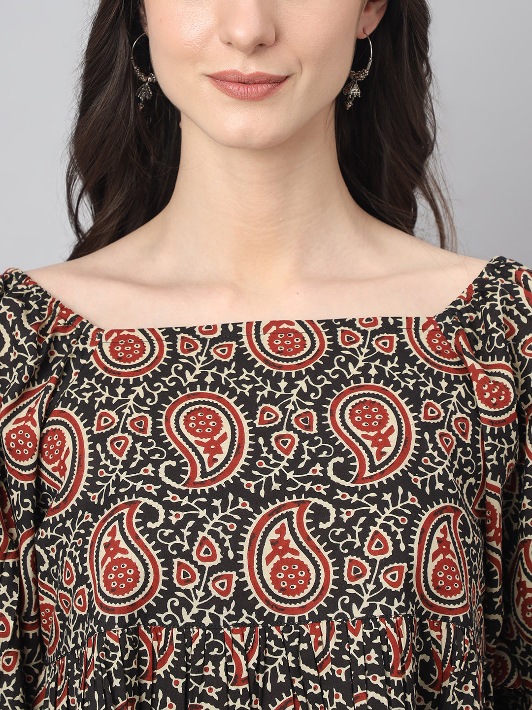 Janasya Women's Black Cotton Paisley Print Casual Gathered Top | Grocsy