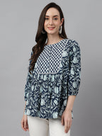 Janasya Women's Navy Blue Cotton Floral Print Gathered Top | Grocsy