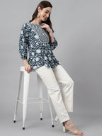 Janasya Women's Navy Blue Cotton Floral Print Gathered Top | Grocsy