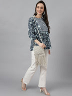 Janasya Women's Navy Blue Cotton Floral Print Gathered Top | Grocsy