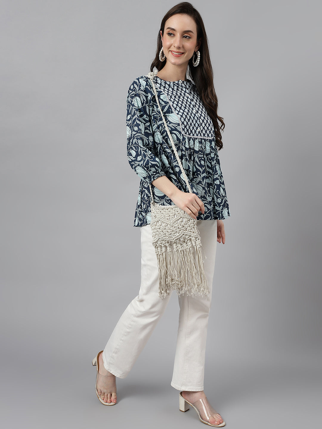 Janasya Women's Navy Blue Cotton Floral Print Gathered Top | Grocsy