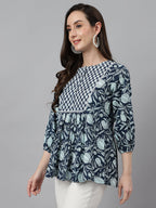 Janasya Women's Navy Blue Cotton Floral Print Gathered Top | Grocsy