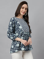 Janasya Women's Navy Blue Cotton Floral Print Gathered Top | Grocsy