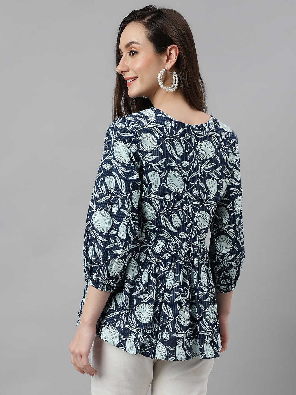 Janasya Women's Navy Blue Cotton Floral Print Gathered Top | Grocsy
