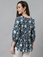 Janasya Women's Navy Blue Cotton Floral Print Gathered Top | Grocsy