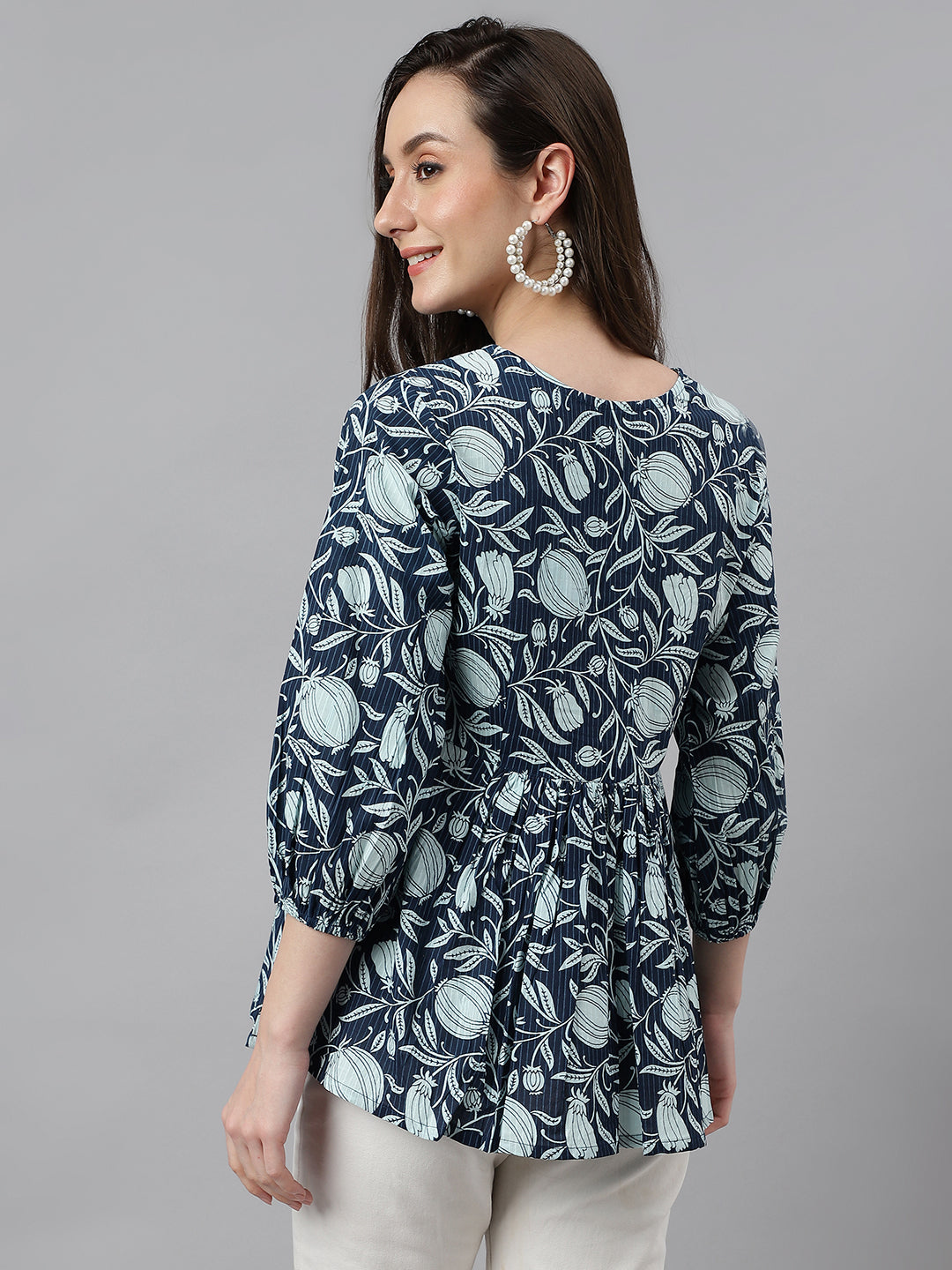 Janasya Women's Navy Blue Cotton Floral Print Gathered Top | Grocsy