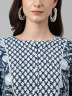 Janasya Women's Navy Blue Cotton Floral Print Gathered Top | Grocsy