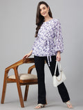 Janasya Women's White Georgette Floral Print Flared Top | Grocsy
