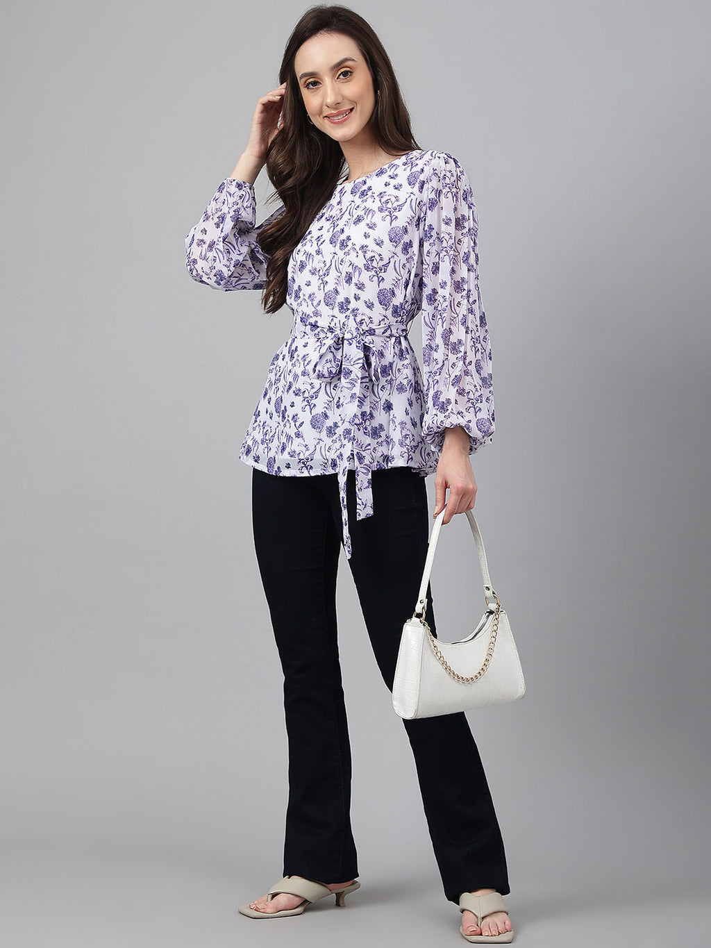 Janasya Women's White Georgette Floral Print Flared Top | Grocsy