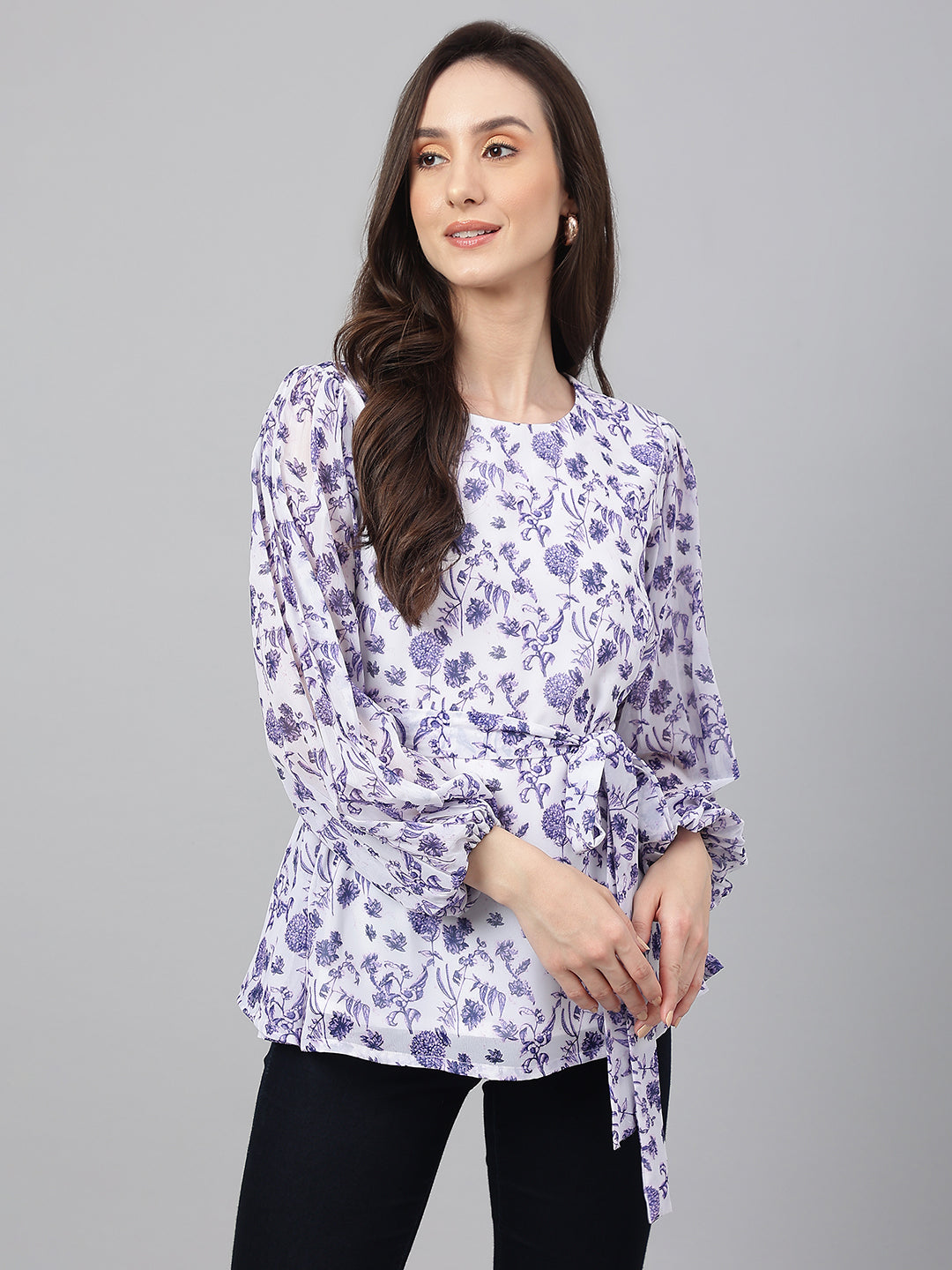 Janasya Women's White Georgette Floral Print Flared Top | Grocsy