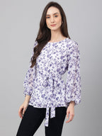 Janasya Women's White Georgette Floral Print Flared Top | Grocsy